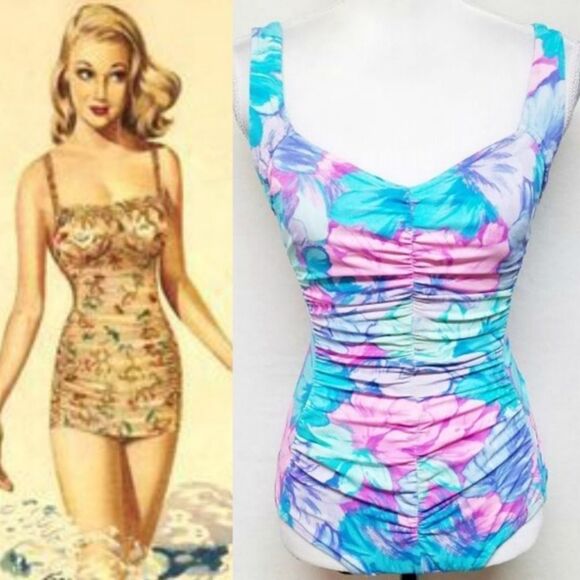VINTAGE 60s Sandcastle Pastel Floral Swimsuit - Picture 1 of 11